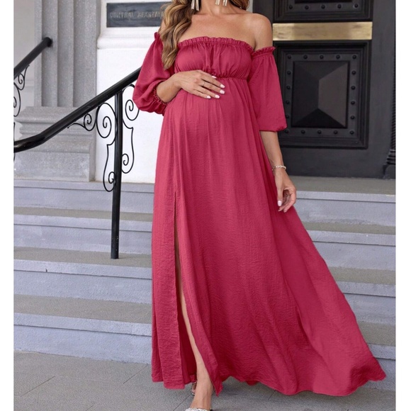 Maternity Off Shoulder 3/4 Sleeve Split Leg Party Occasion Maxi Dress - Picture 6 of 11